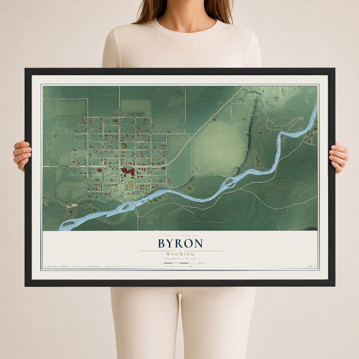 Map of Byron, Wyoming, 24 x 36 inch print in a black wood frame