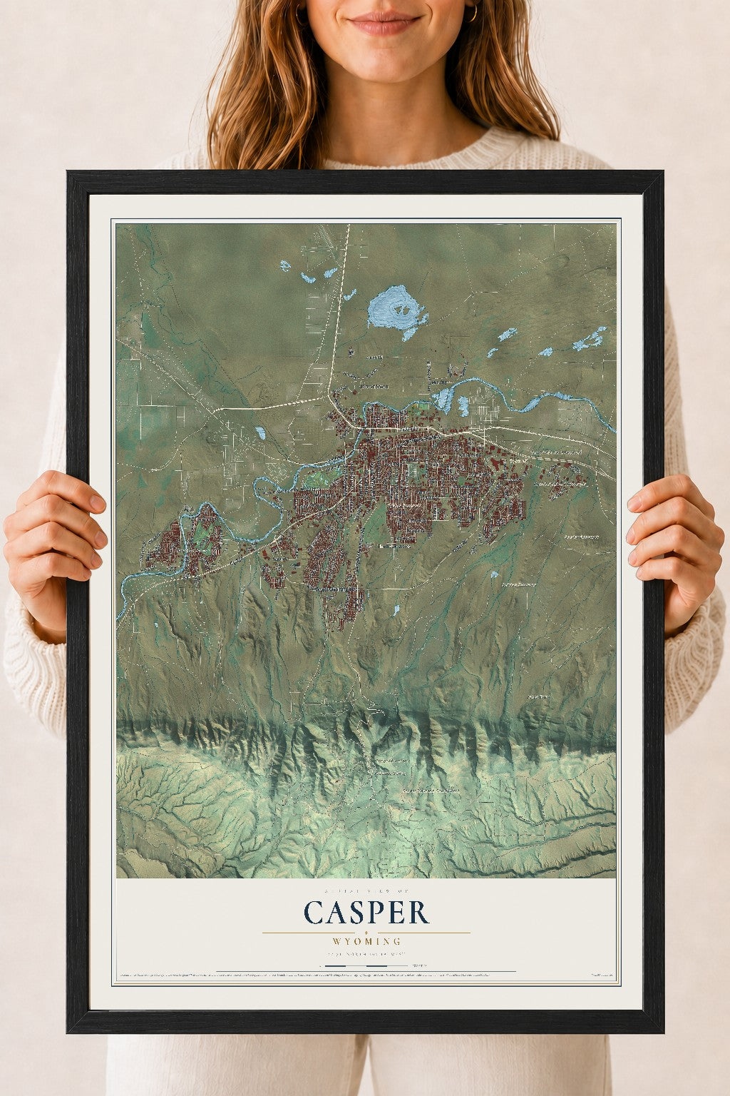 Map of Casper, Wyoming, 18 x 24 inch print in a black wood frame
