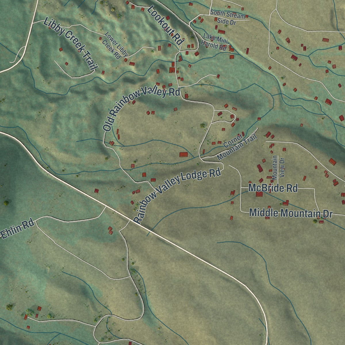 Close-up of the map of Centennial, Wyoming print showing street and building detail