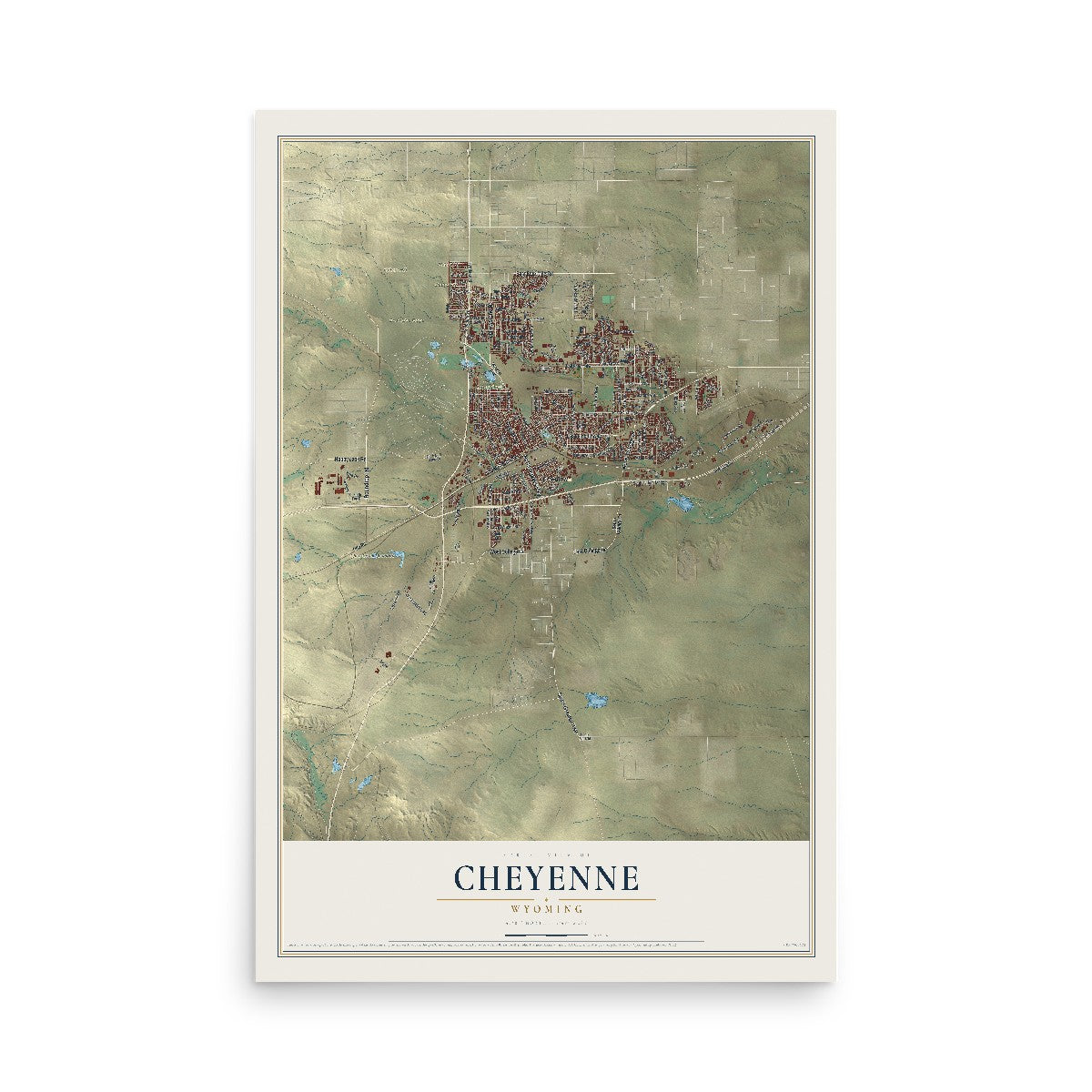Map of Cheyenne, Wyoming, 12 x 18 inch unframed archival matte print