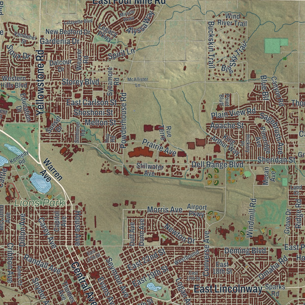Close-up of the map of Cheyenne, Wyoming print showing street and building detail