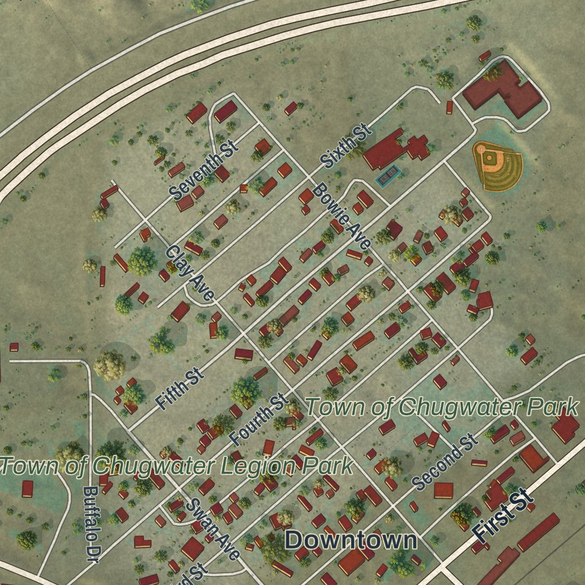 Close-up of the map of Chugwater, Wyoming print showing street and building detail