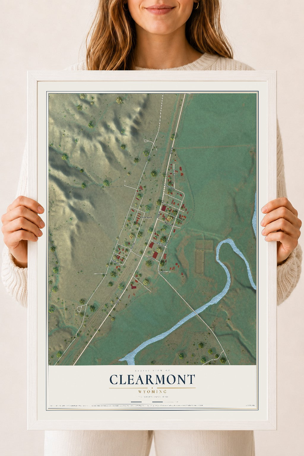 Map of Clearmont, Wyoming, 18 x 24 inch print in a white wood frame