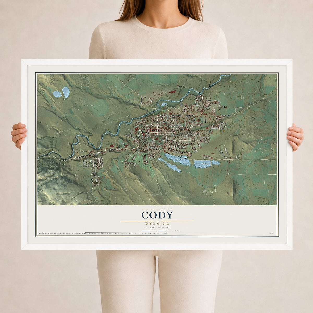 Map of Cody, Wyoming, 24 x 36 inch print in a white wood frame