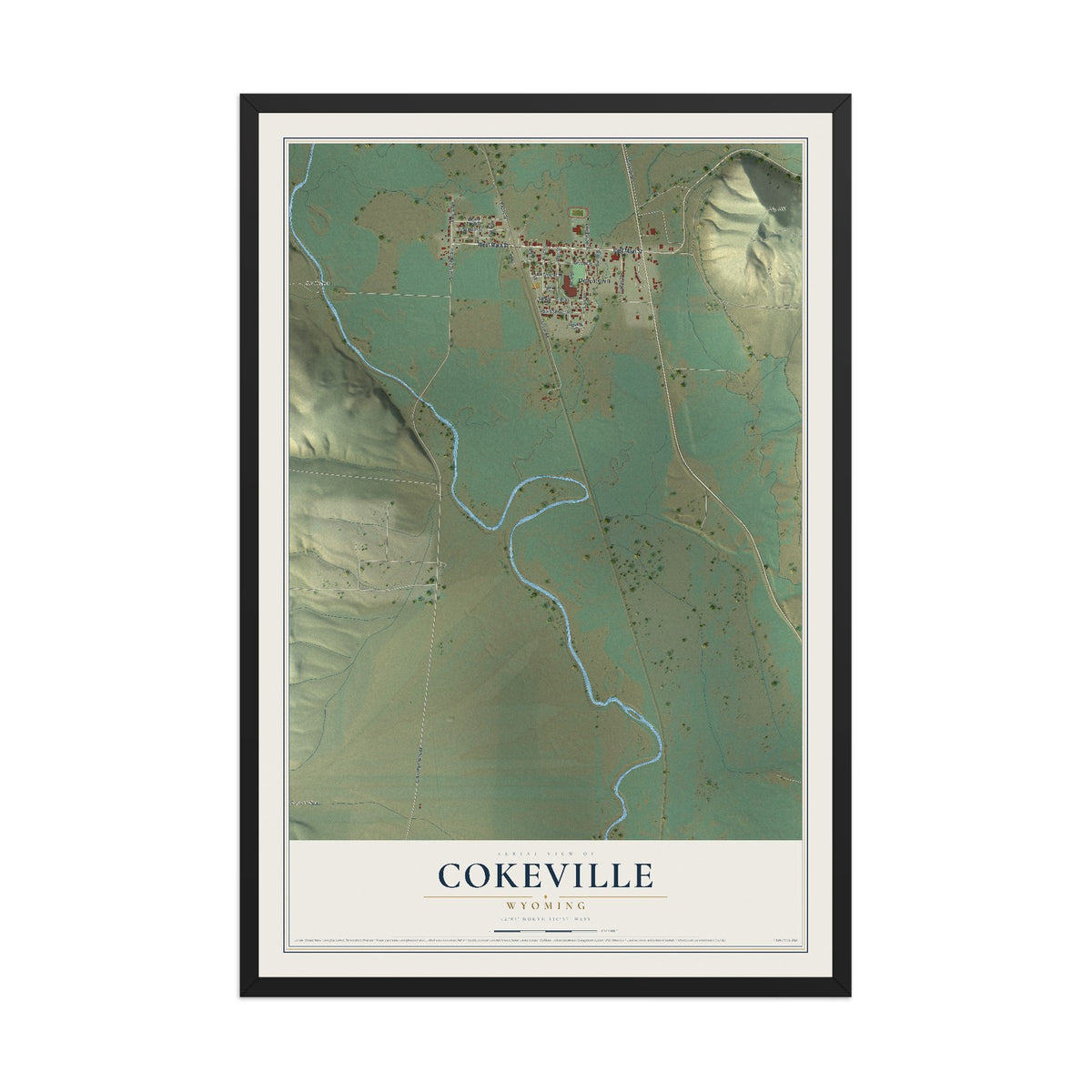 Map of Cokeville, Wyoming, 12 x 18 inch print in a black wood frame
