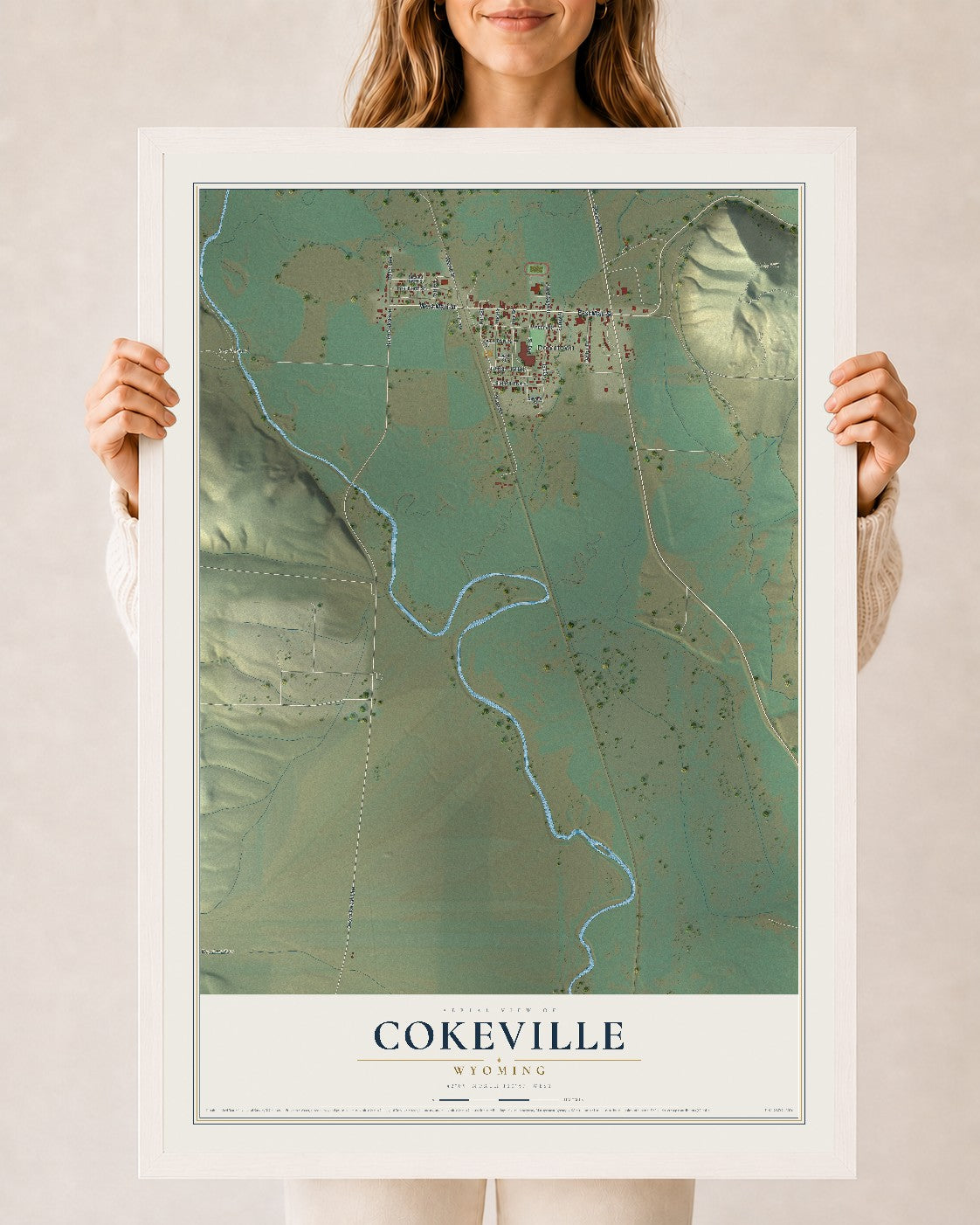 Map of Cokeville, Wyoming, 24 x 36 inch print in a white wood frame
