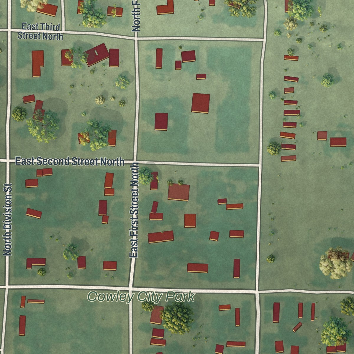 Second close-up of the map of Cowley, Wyoming print showing more streets and buildings