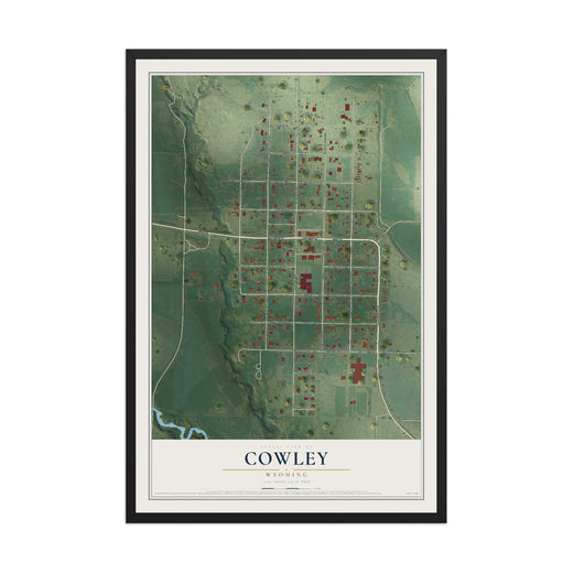 Map of Cowley, Wyoming, 12 x 18 inch print in a black wood frame