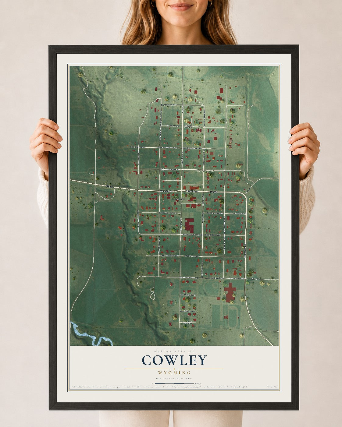 Map of Cowley, Wyoming, 24 x 36 inch print in a black wood frame