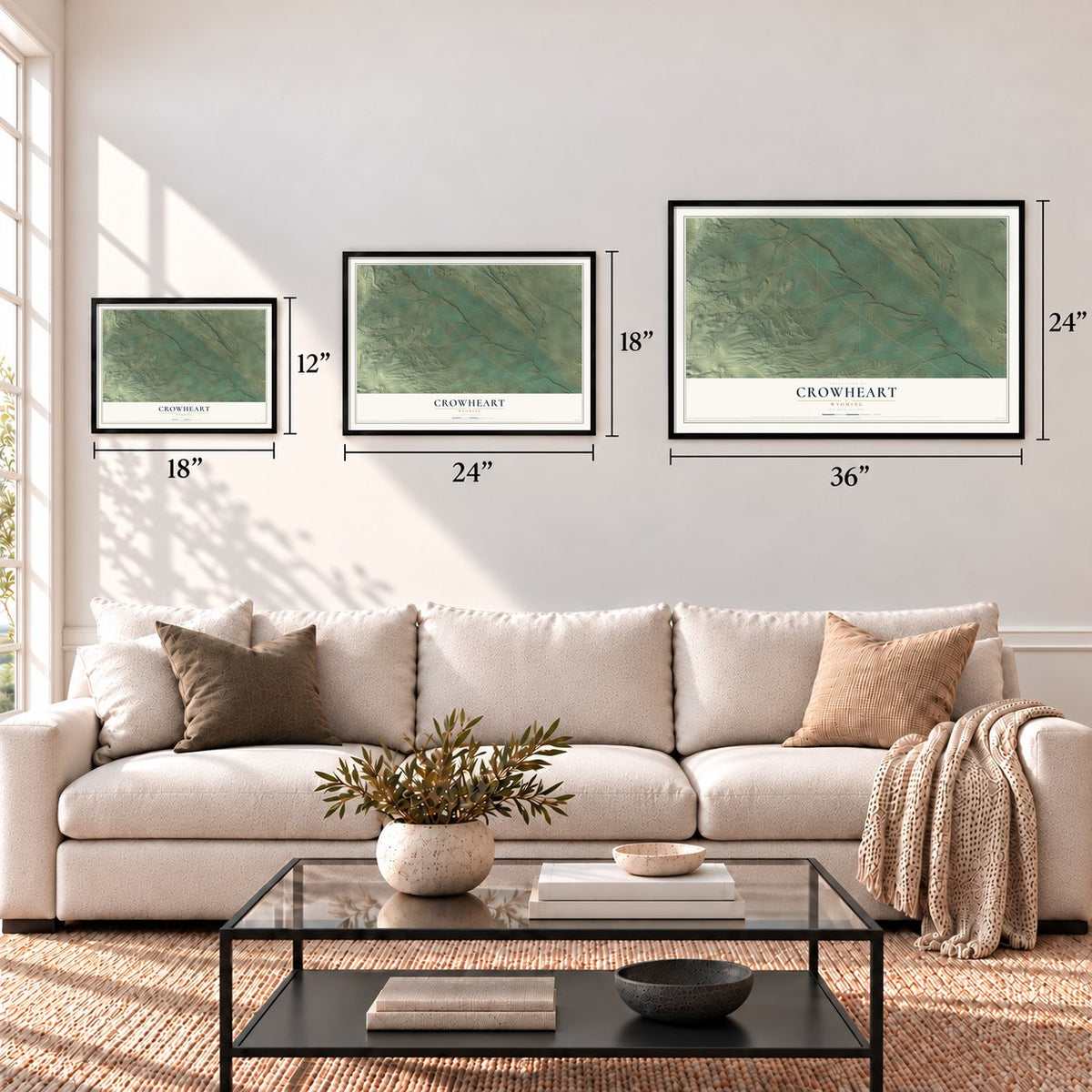 Crowheart, Wyoming map in 12 x 18, 18 x 24 and 24 x 36 inch sizes above a sofa