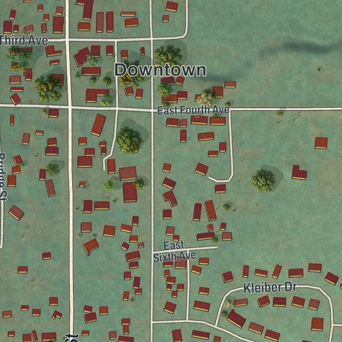 Close-up of the map of Dayton, Wyoming print showing street and building detail