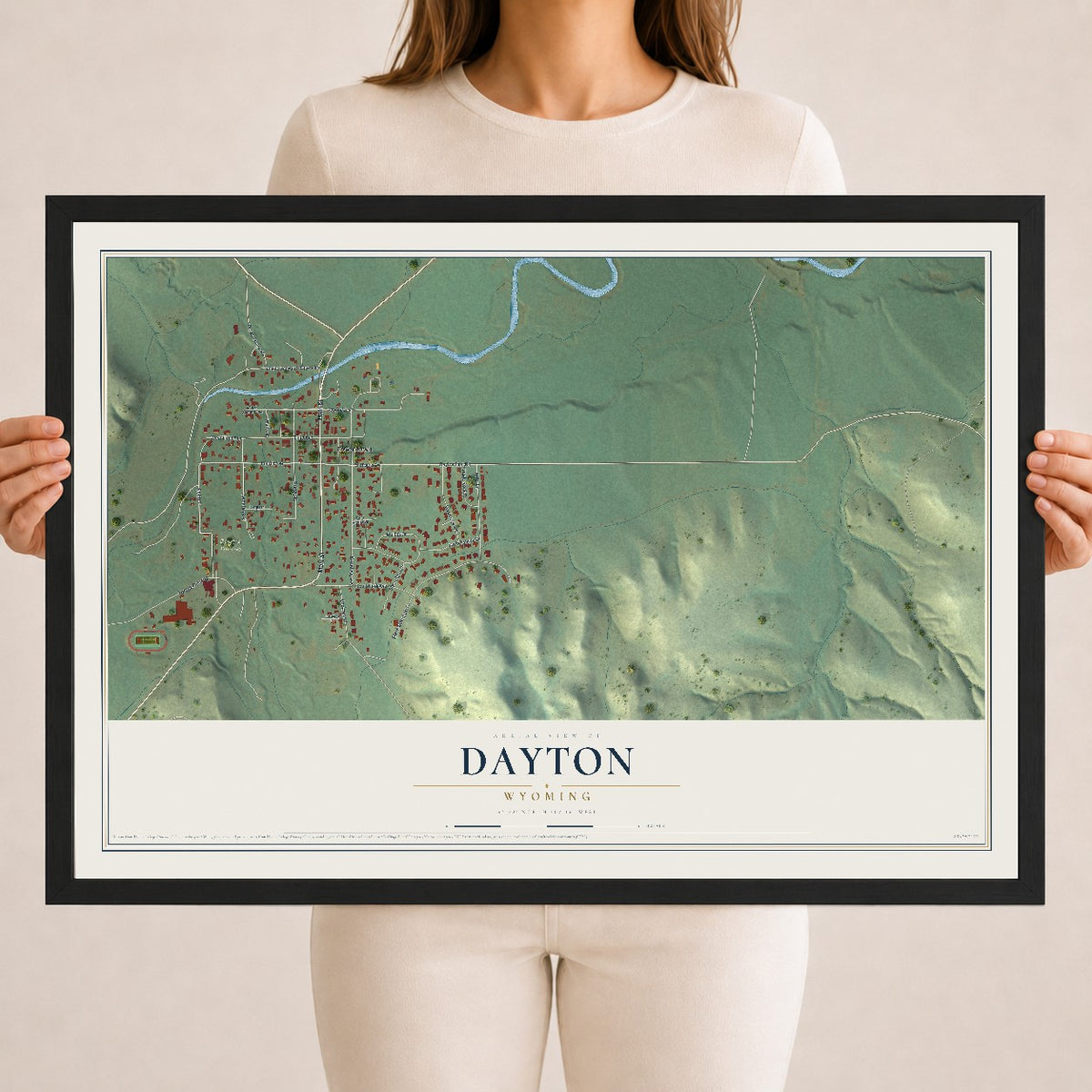 Map of Dayton, Wyoming, 18 x 24 inch print in a black wood frame