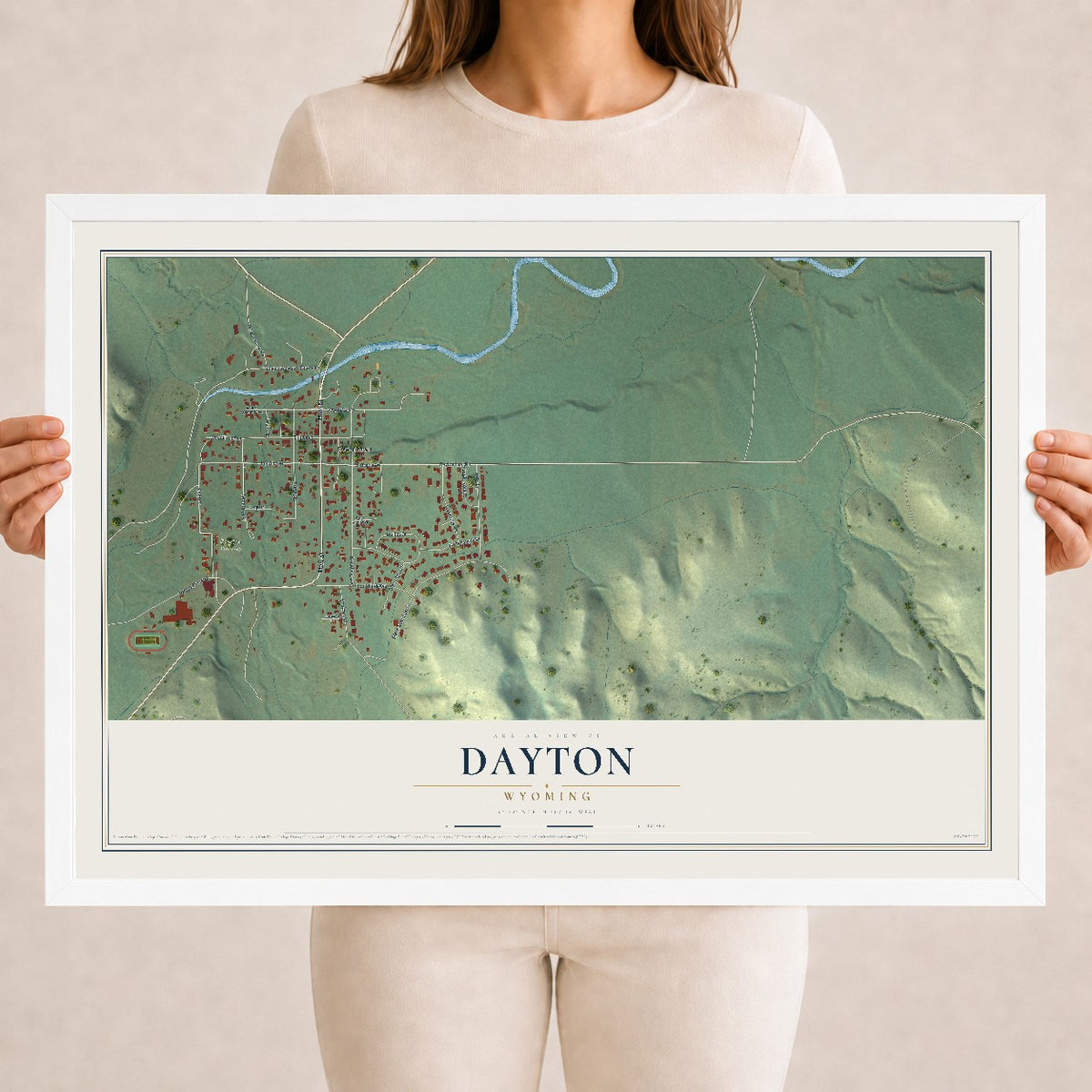 Map of Dayton, Wyoming, 18 x 24 inch print in a white wood frame