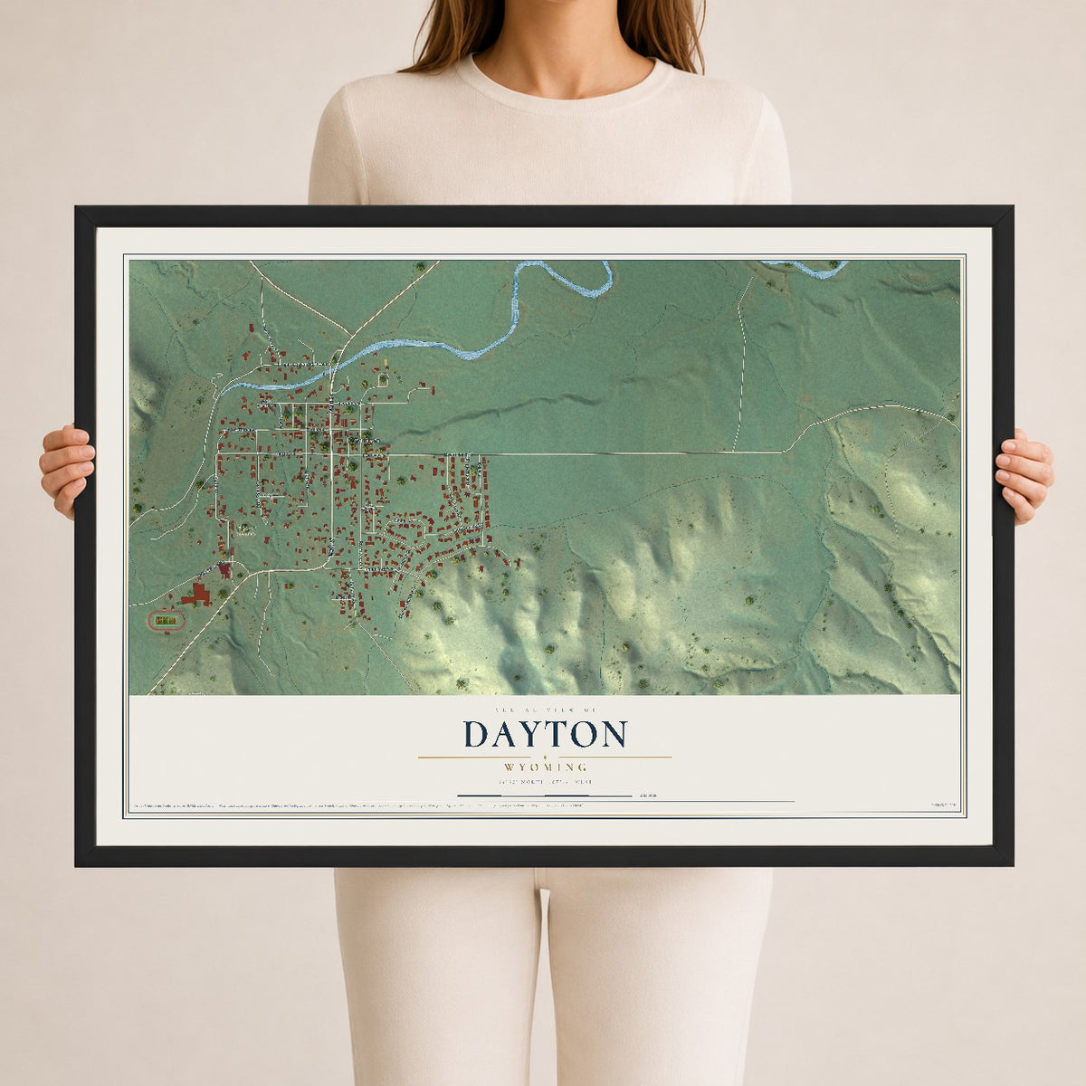 Map of Dayton, Wyoming, 24 x 36 inch print in a black wood frame