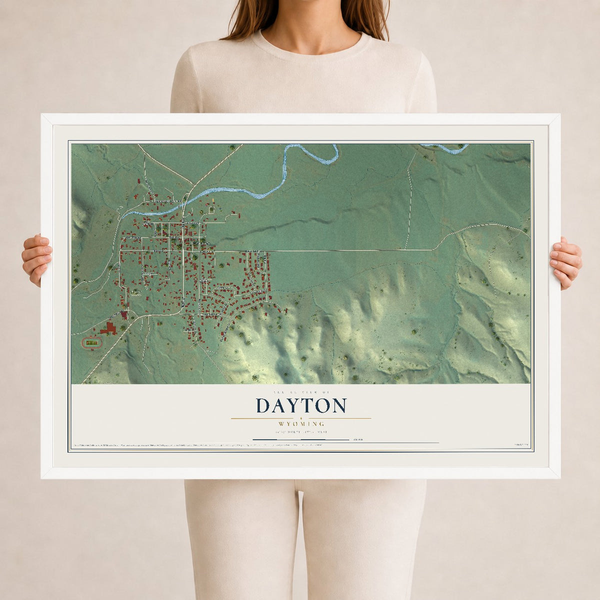 Map of Dayton, Wyoming, 24 x 36 inch print in a white wood frame