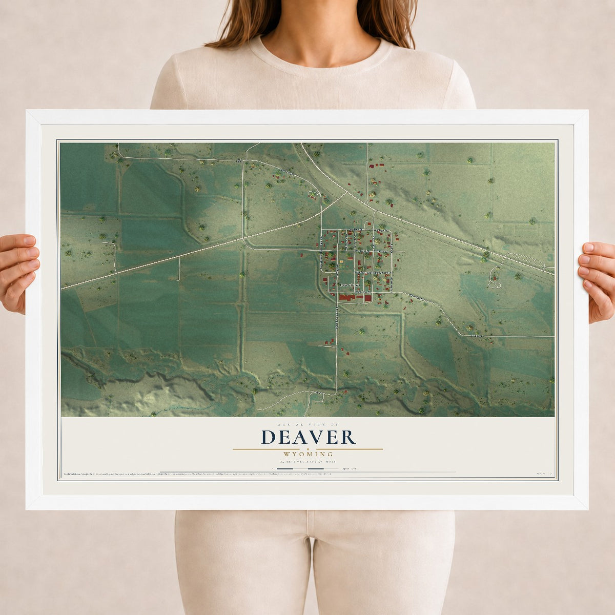 Map of Deaver, Wyoming, 18 x 24 inch print in a white wood frame
