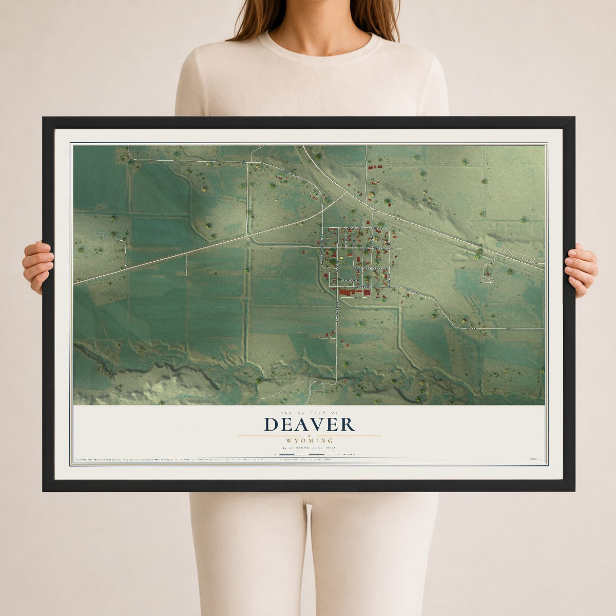 Map of Deaver, Wyoming, 24 x 36 inch print in a black wood frame