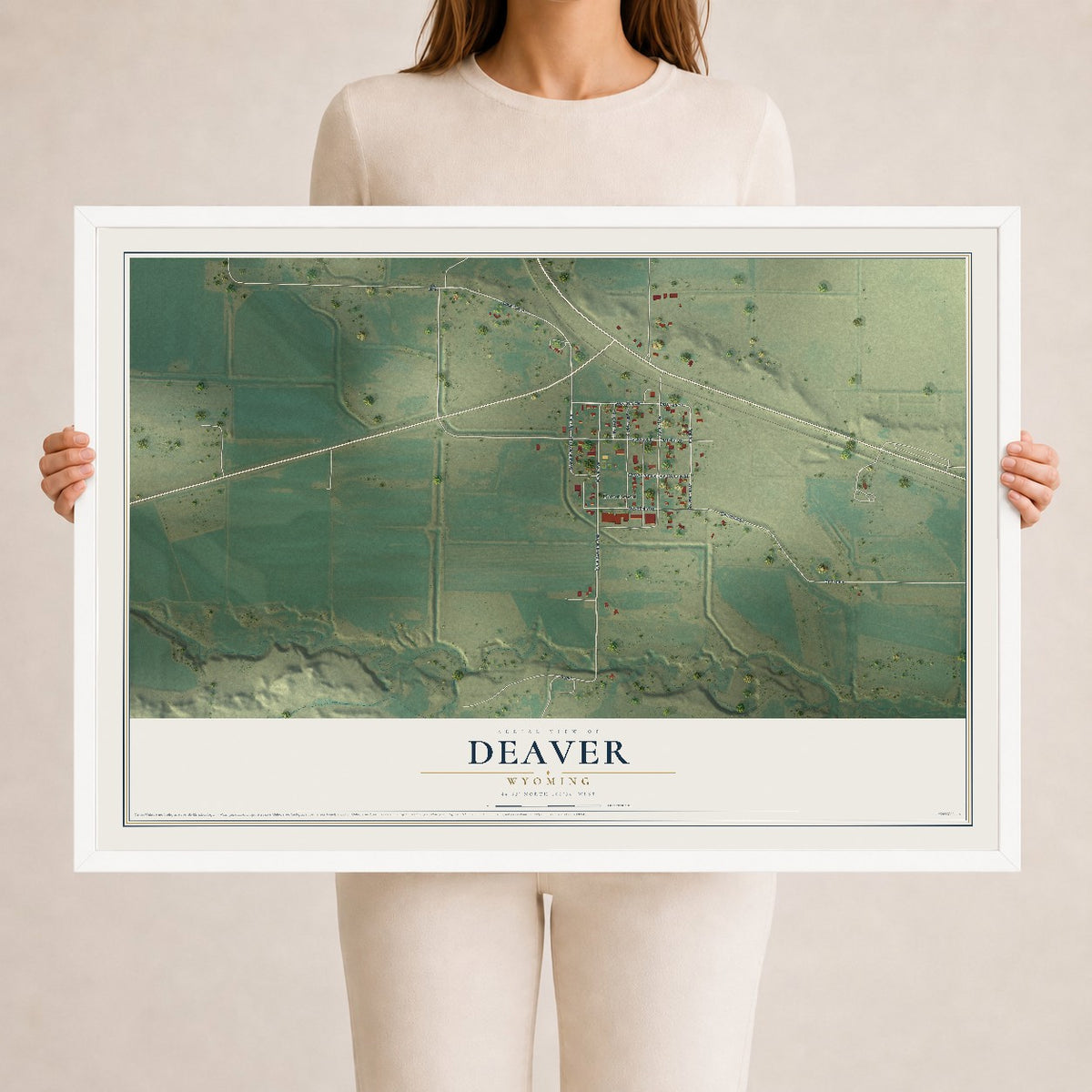 Map of Deaver, Wyoming, 24 x 36 inch print in a white wood frame