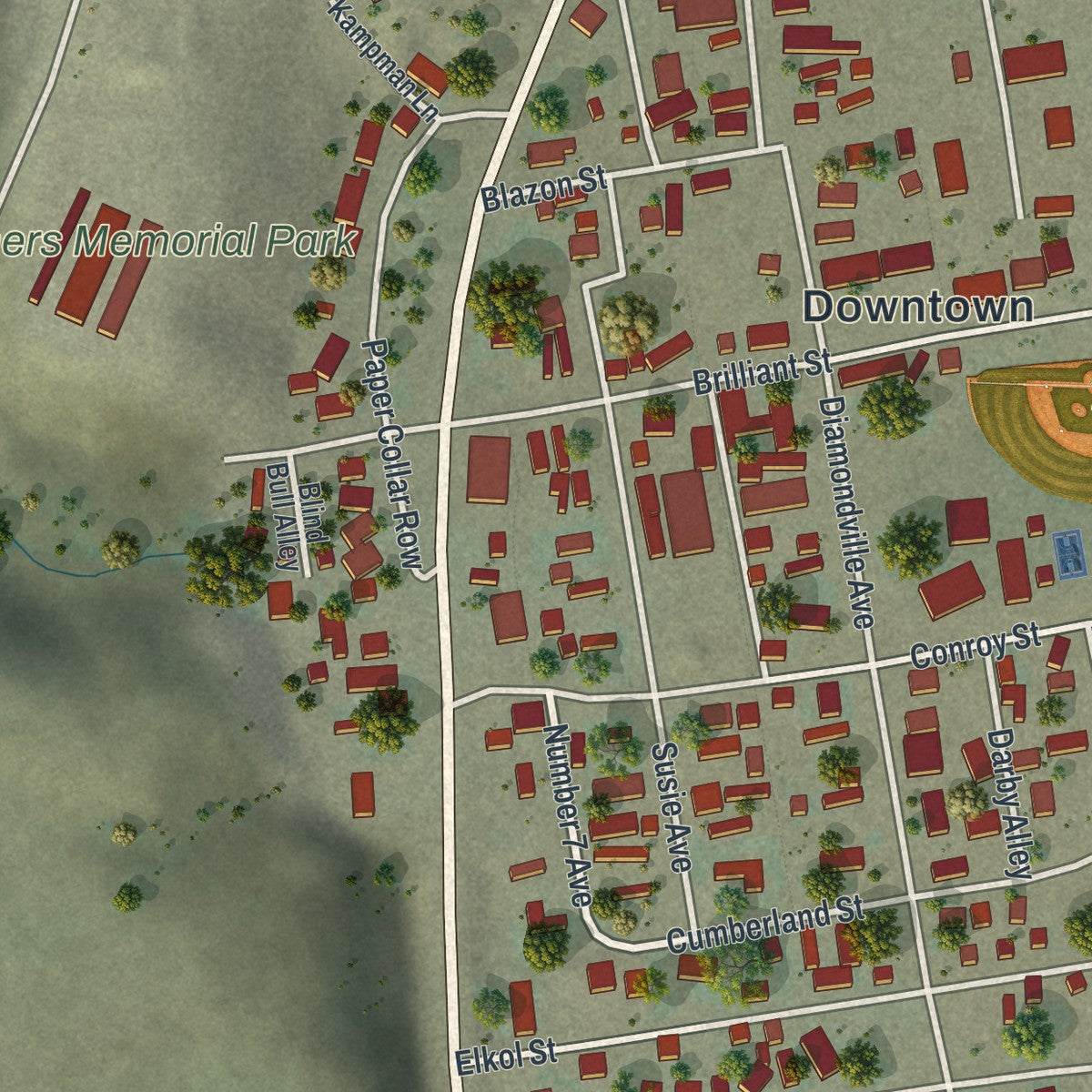 Close-up of the map of Diamondville, Wyoming print showing street and building detail