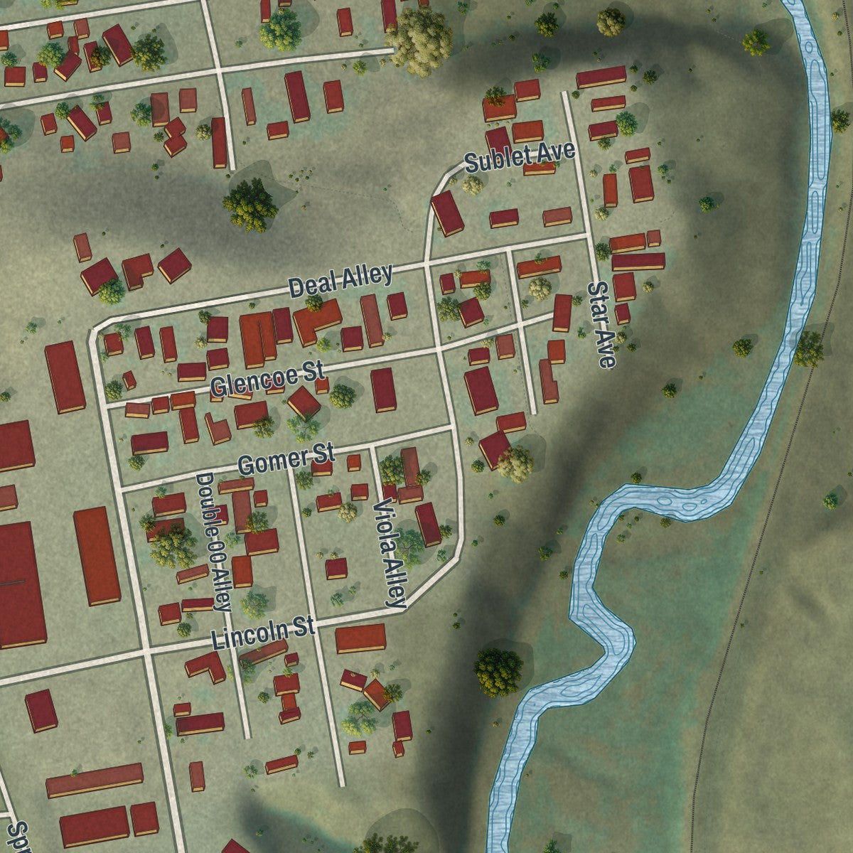 Second close-up of the map of Diamondville, Wyoming print showing more streets and buildings