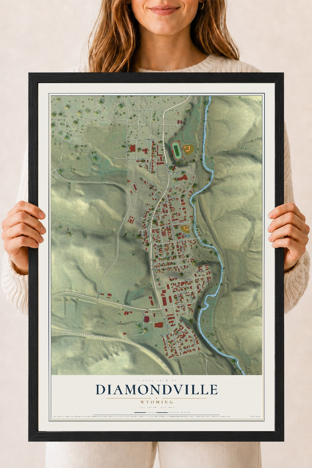 Map of Diamondville, Wyoming, 18 x 24 inch print in a black wood frame