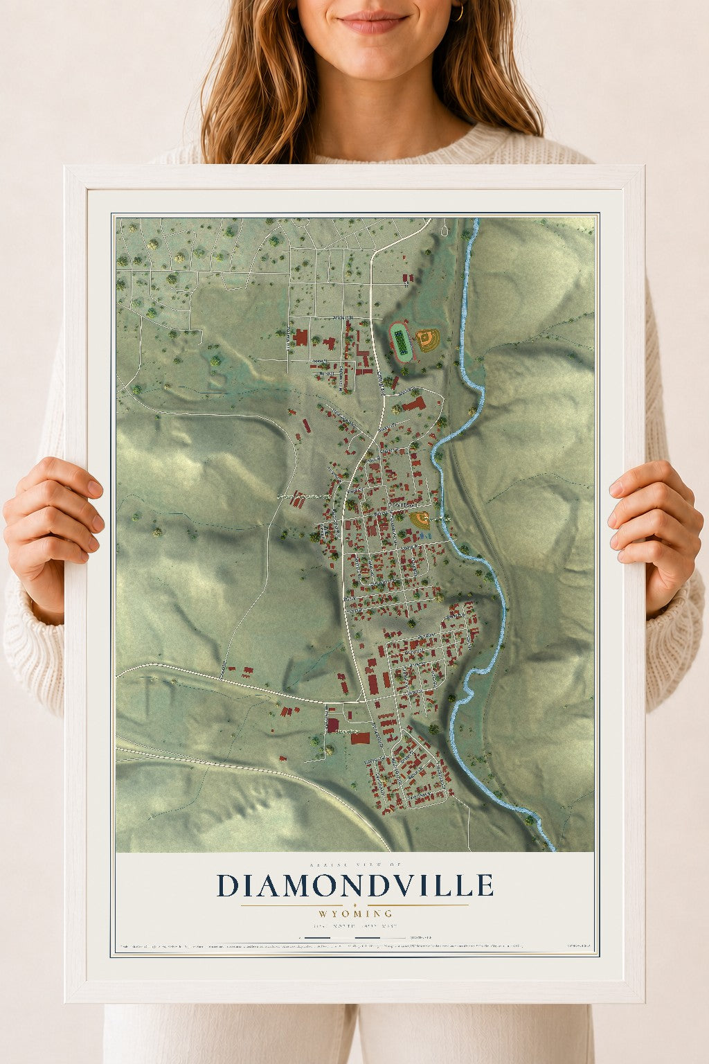 Map of Diamondville, Wyoming, 18 x 24 inch print in a white wood frame