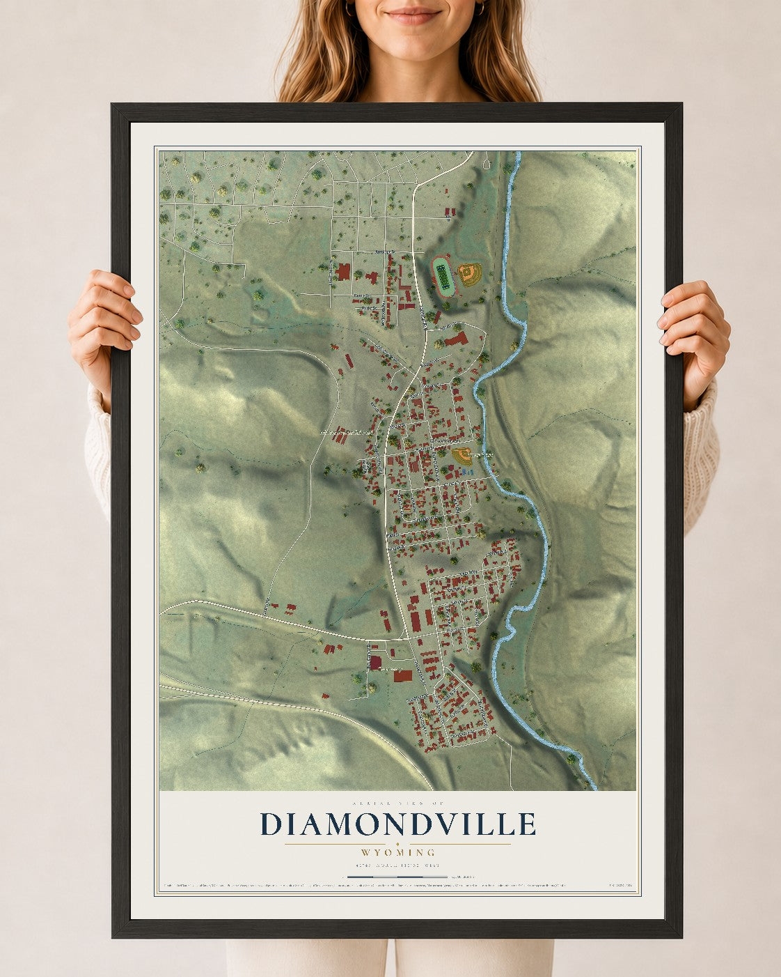 Map of Diamondville, Wyoming, 24 x 36 inch print in a black wood frame