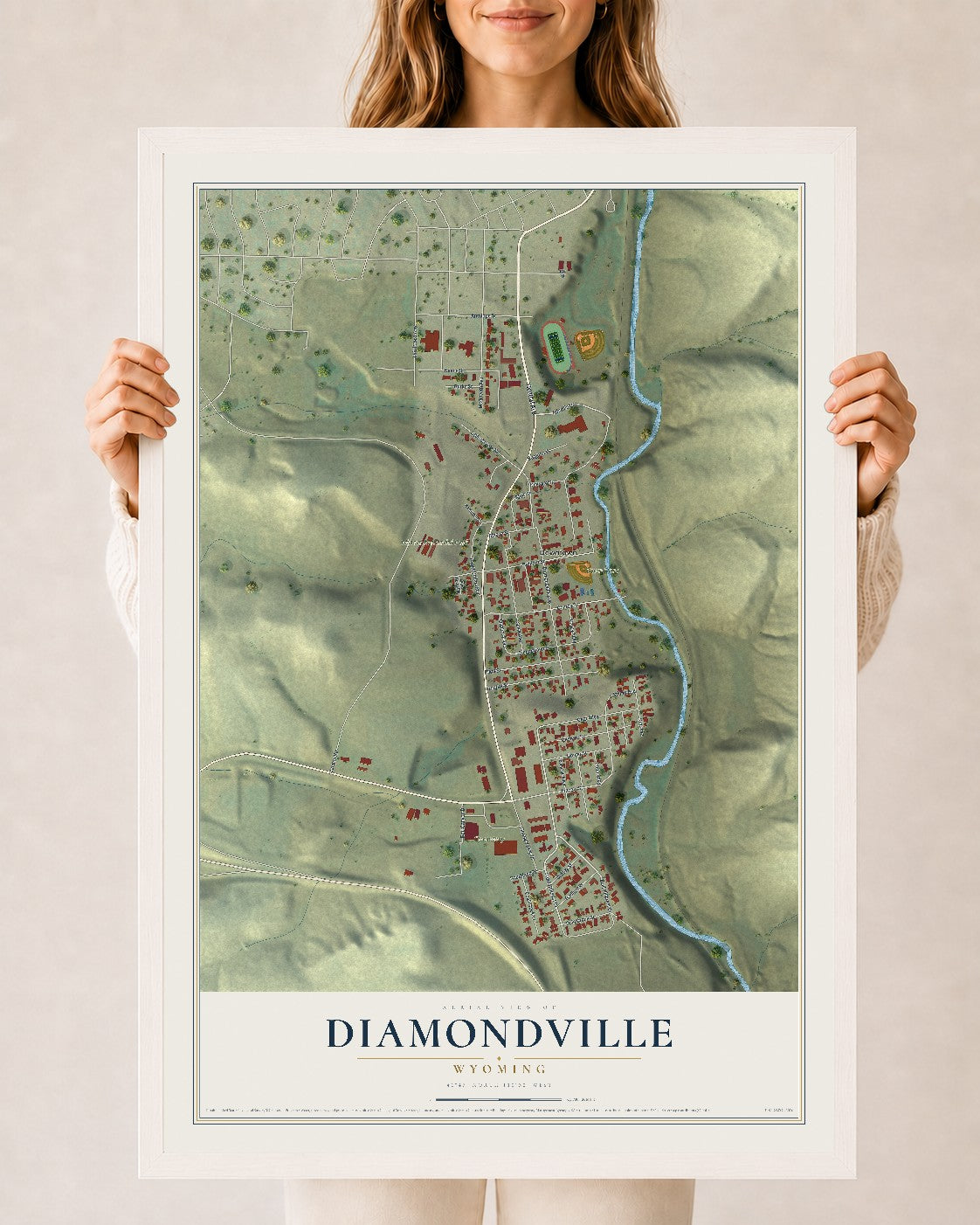 Map of Diamondville, Wyoming, 24 x 36 inch print in a white wood frame