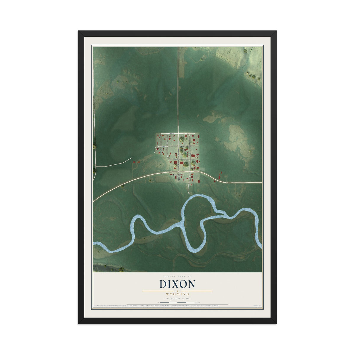 Map of Dixon, Wyoming, 12 x 18 inch print in a black wood frame
