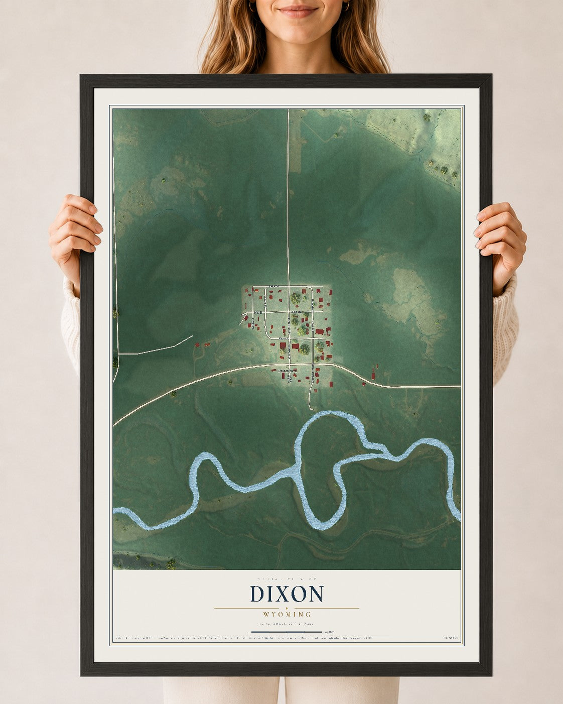 Map of Dixon, Wyoming, 24 x 36 inch print in a black wood frame