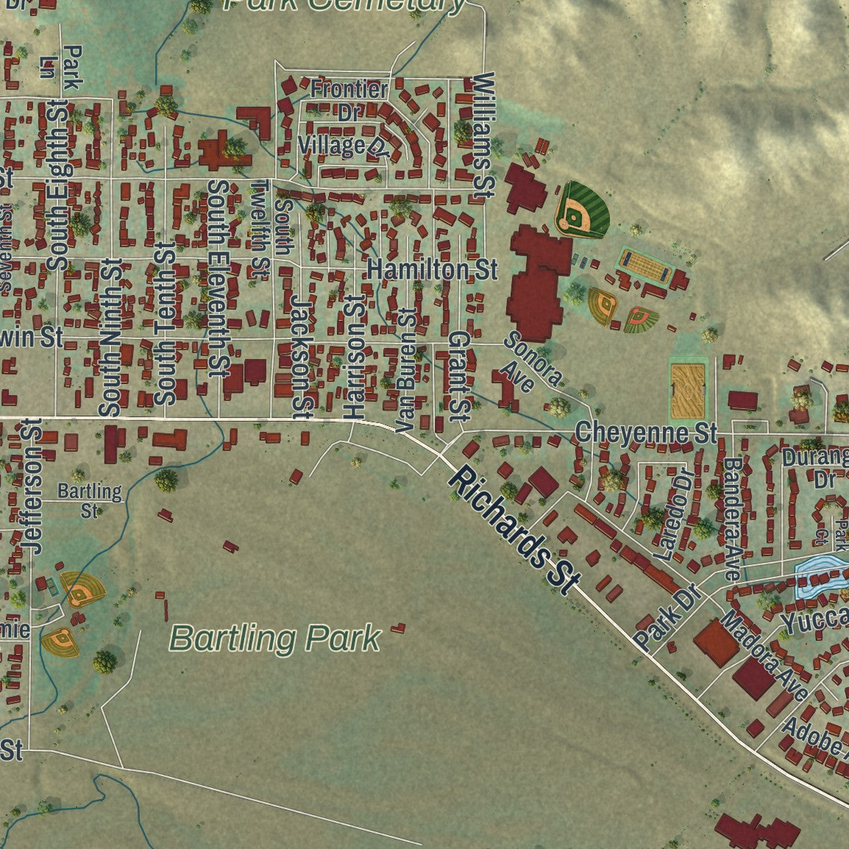 Second close-up of the map of Douglas, Wyoming print showing more streets and buildings