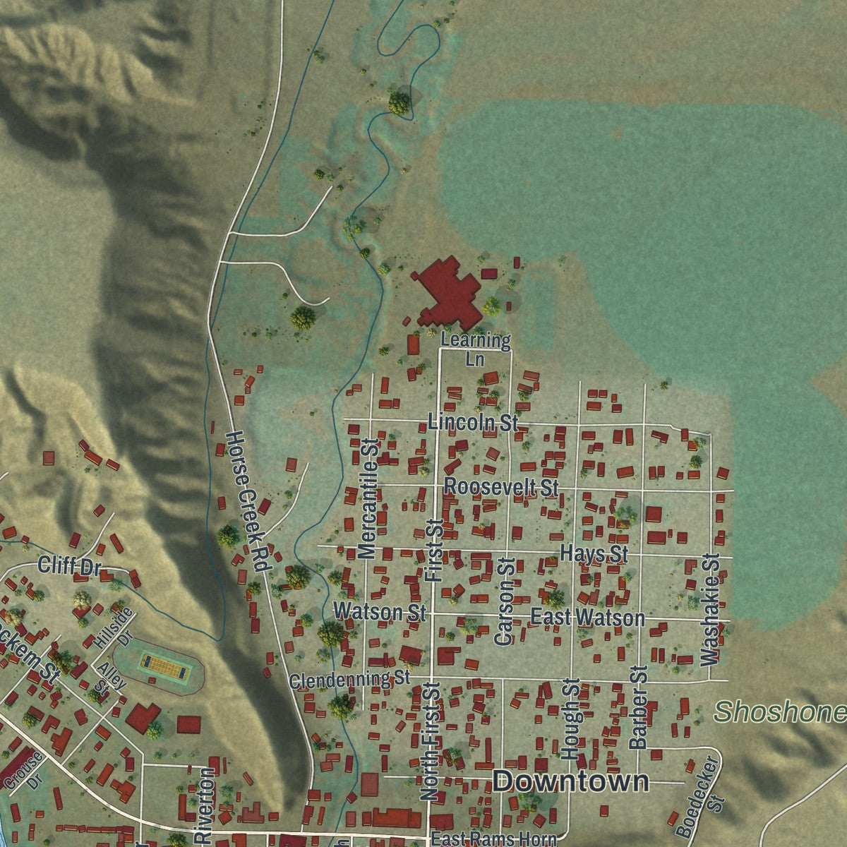 Close-up of the map of Dubois, Wyoming print showing street and building detail