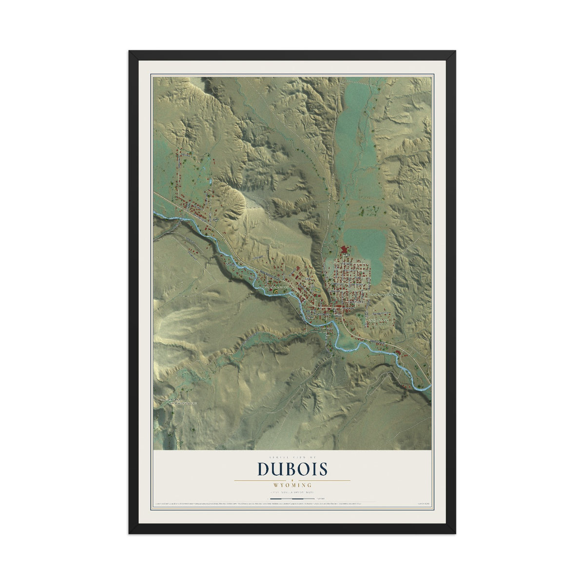 Map of Dubois, Wyoming, 12 x 18 inch print in a black wood frame