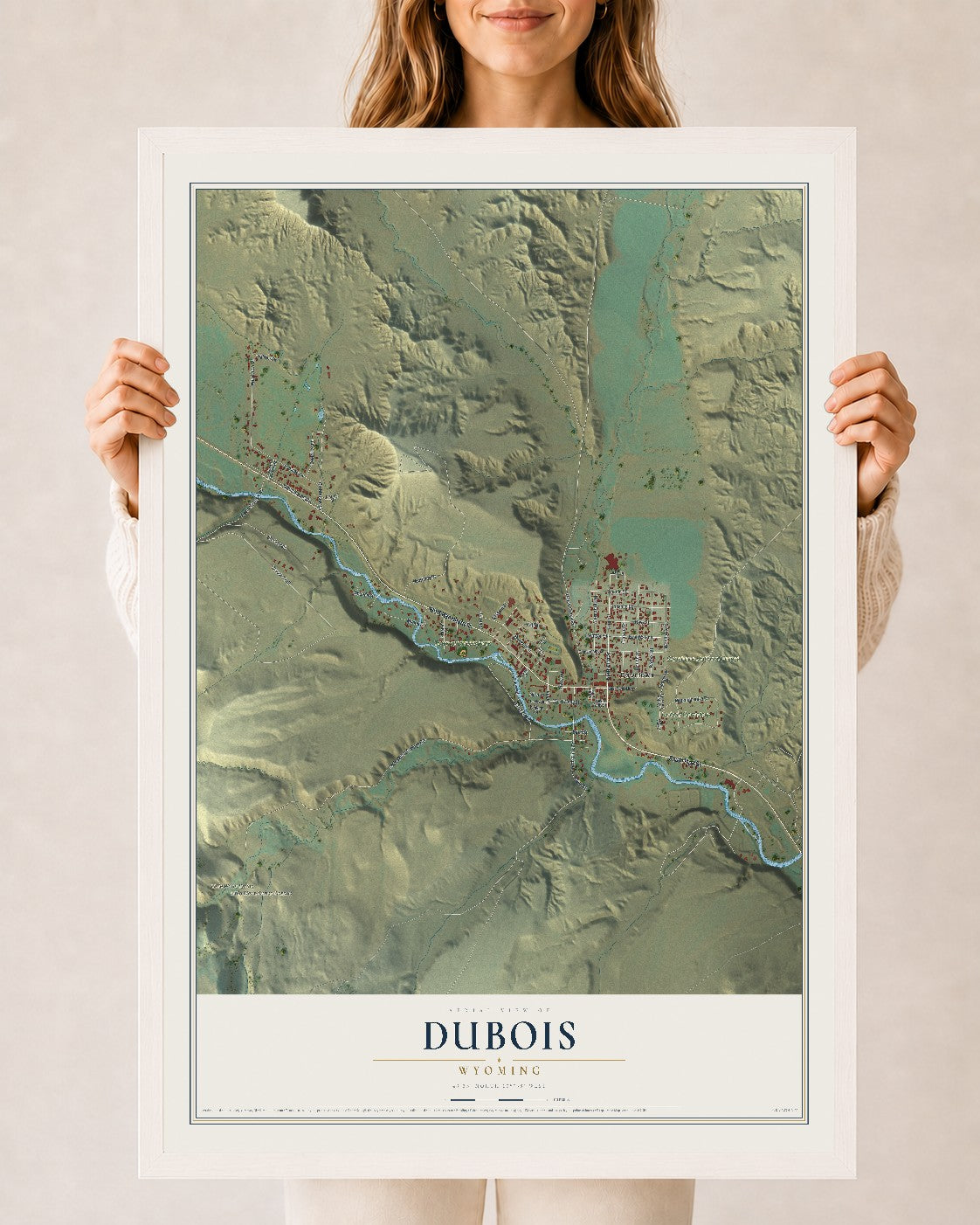 Map of Dubois, Wyoming, 24 x 36 inch print in a white wood frame
