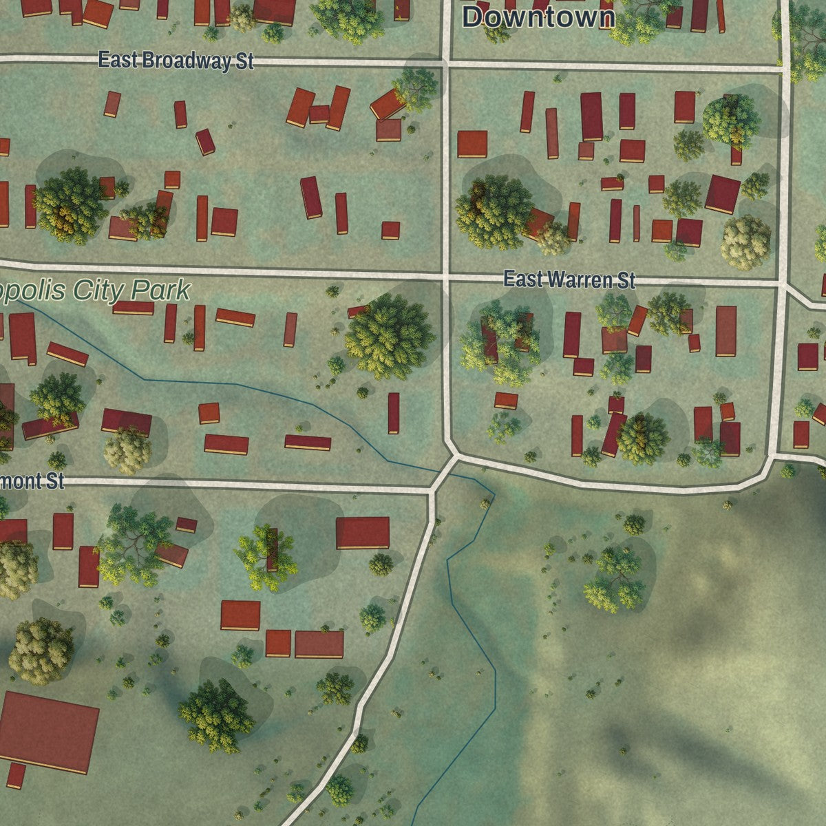 Close-up of the map of East Thermopolis, Wyoming print showing street and building detail