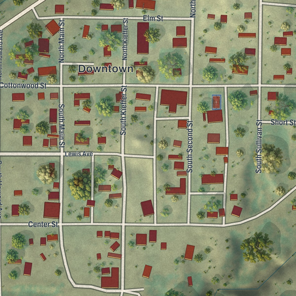 Close-up of the map of Edgerton, Wyoming print showing street and building detail