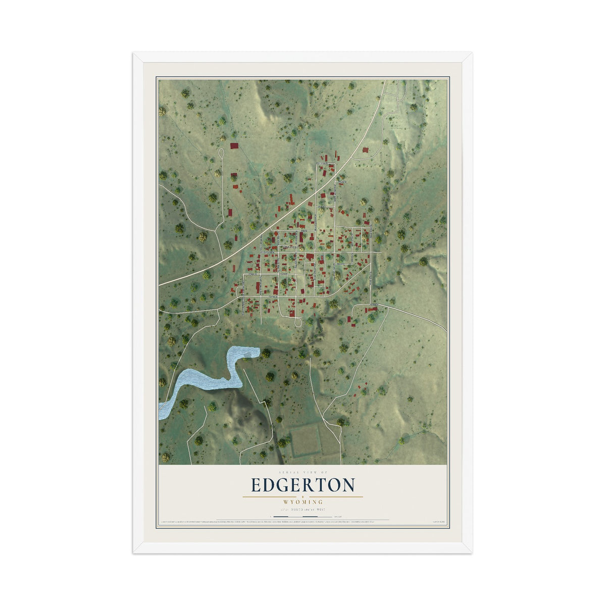 Map of Edgerton, Wyoming, 12 x 18 inch print in a white wood frame