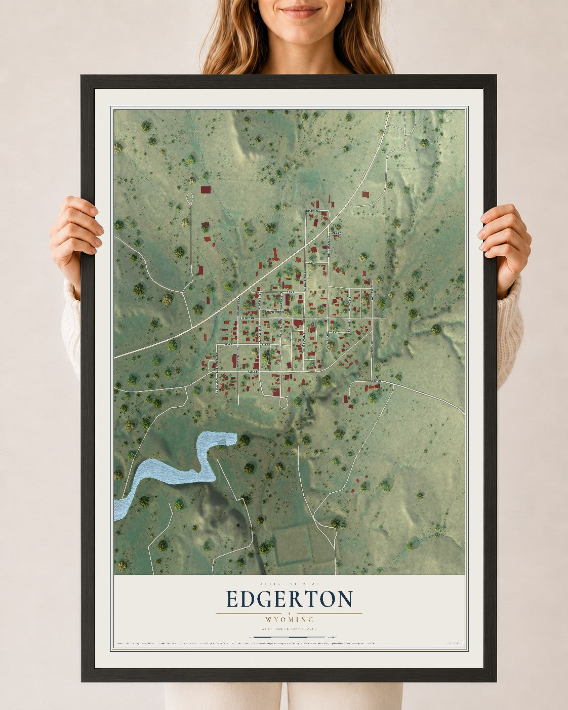 Map of Edgerton, Wyoming, 24 x 36 inch print in a black wood frame