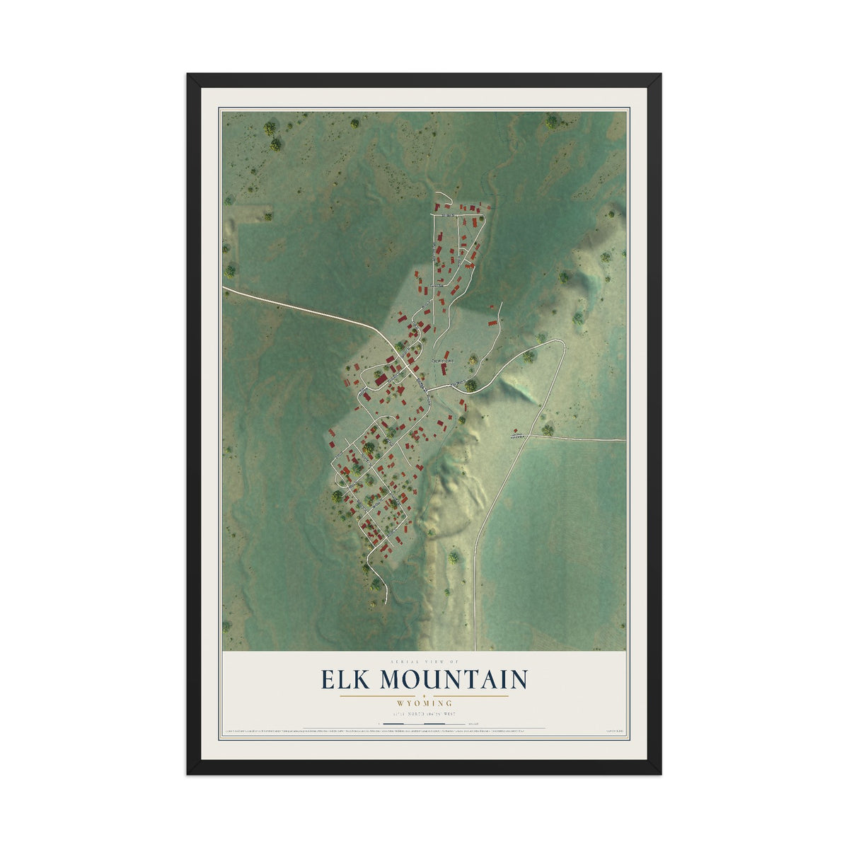 Map of Elk Mountain, Wyoming, 12 x 18 inch print in a black wood frame