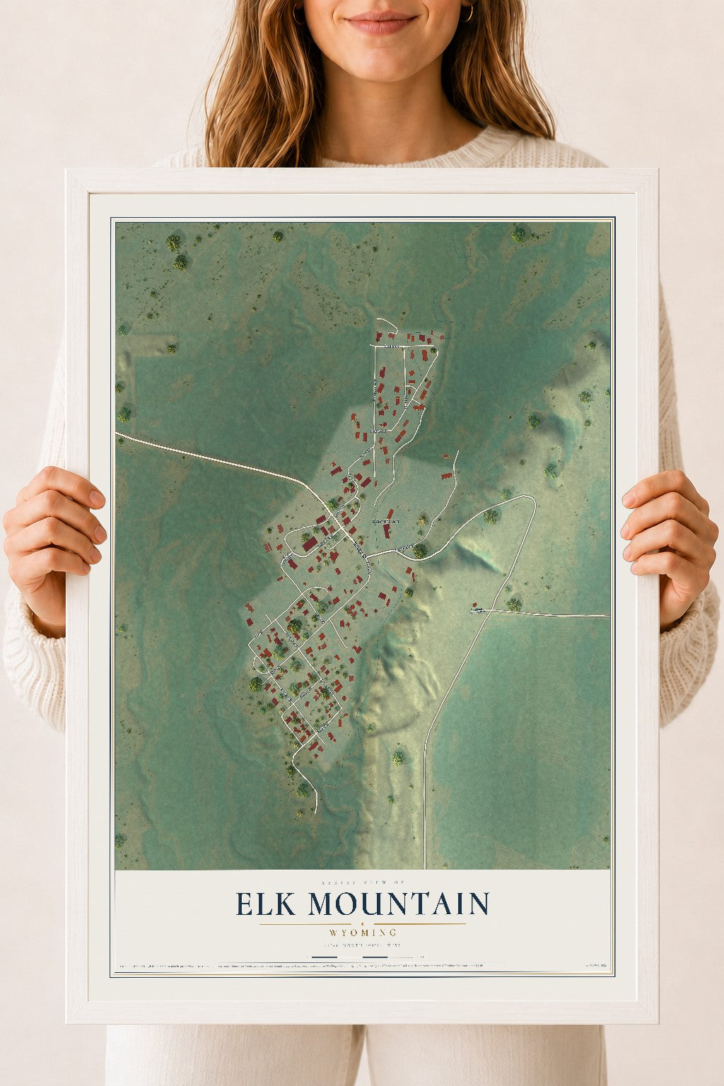 Map of Elk Mountain, Wyoming, 18 x 24 inch print in a white wood frame