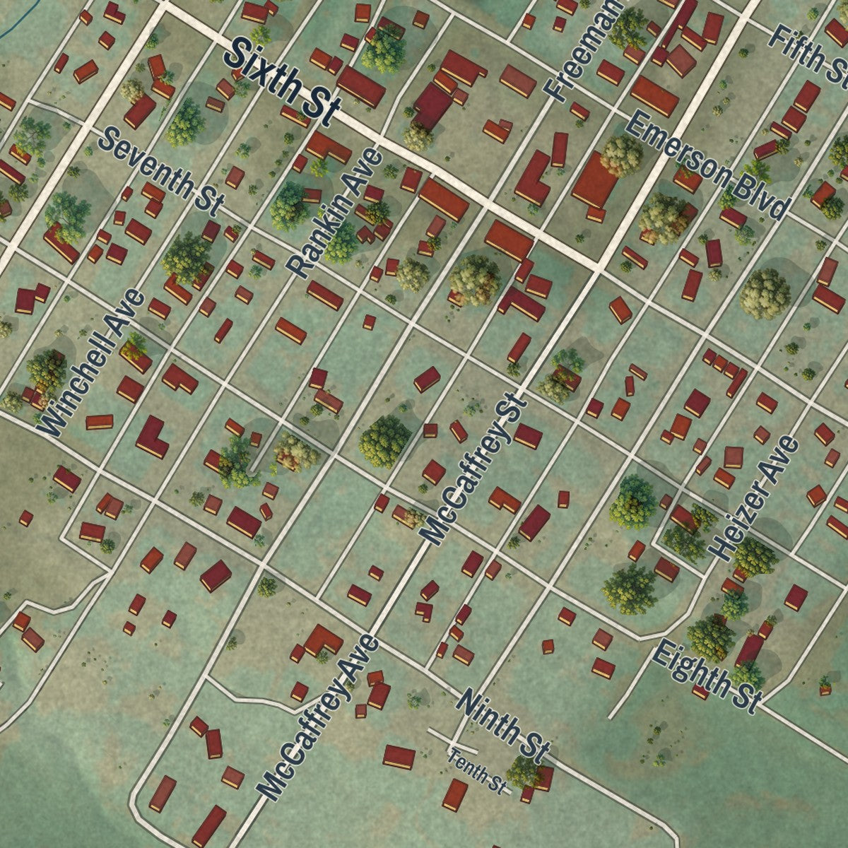 Close-up of the map of Encampment, Wyoming print showing street and building detail