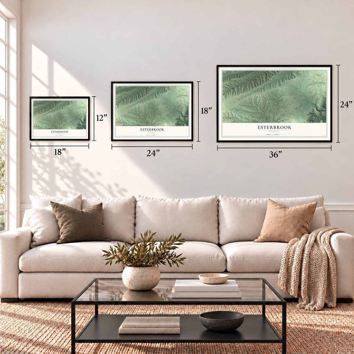Esterbrook, Wyoming map in 12 x 18, 18 x 24 and 24 x 36 inch sizes above a sofa