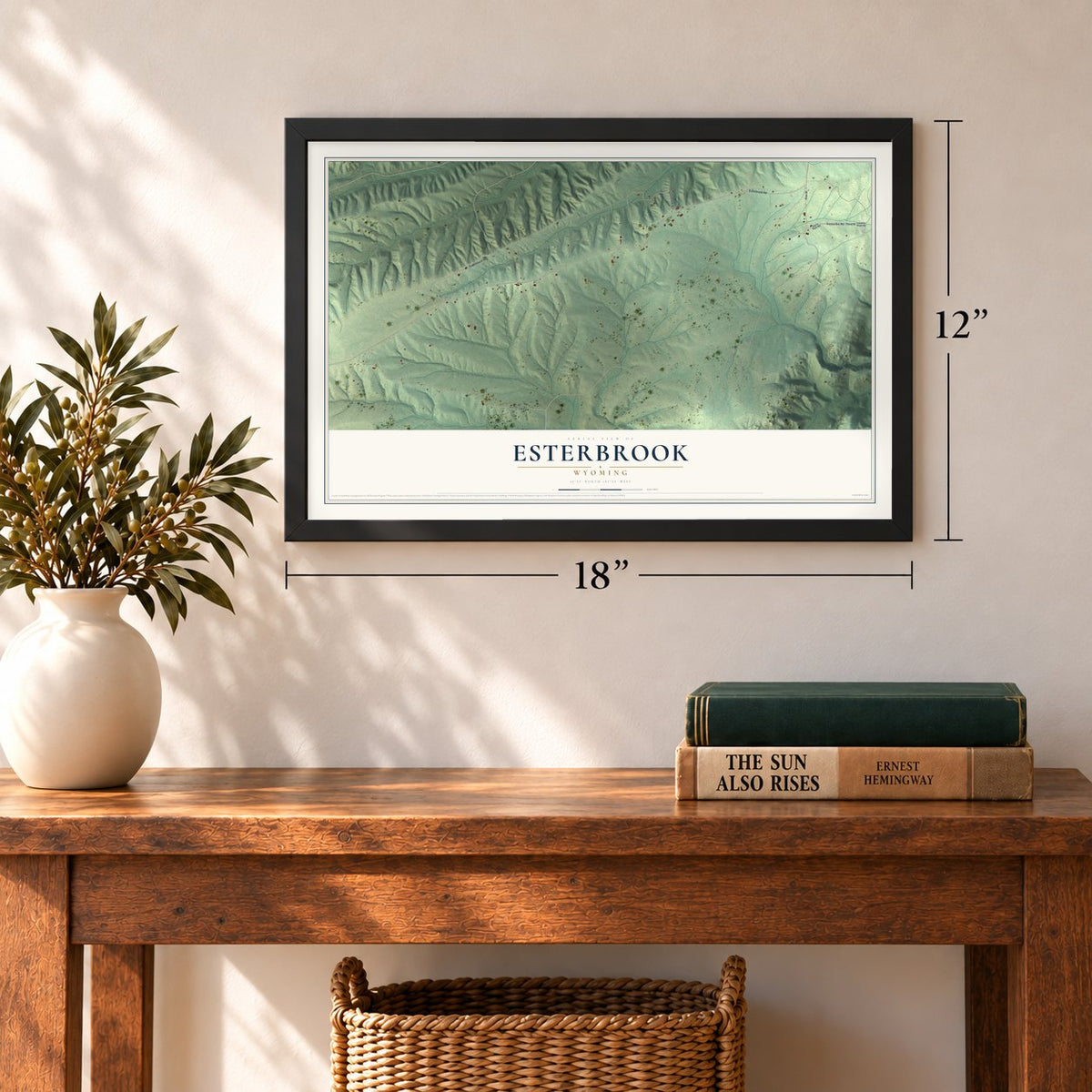 Esterbrook, Wyoming map, 12 x 18 inch print in a black frame in an entryway