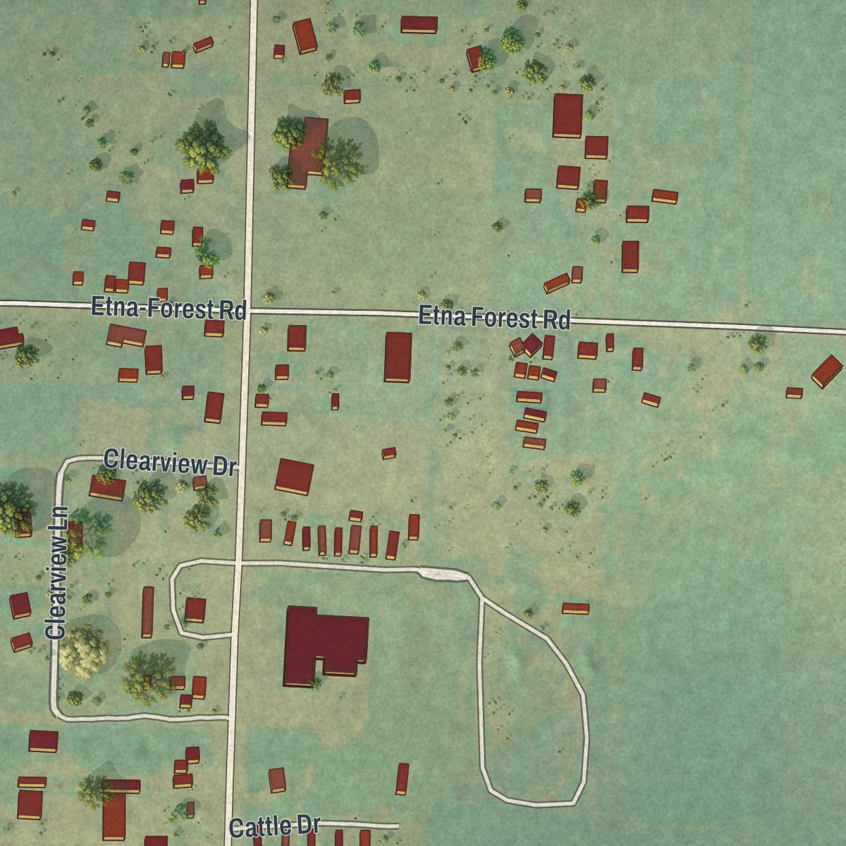 Close-up of the map of Etna, Wyoming print showing street and building detail