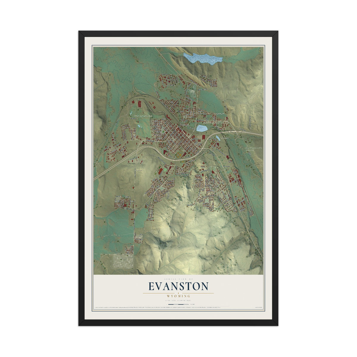 Map of Evanston, Wyoming, 12 x 18 inch print in a black wood frame