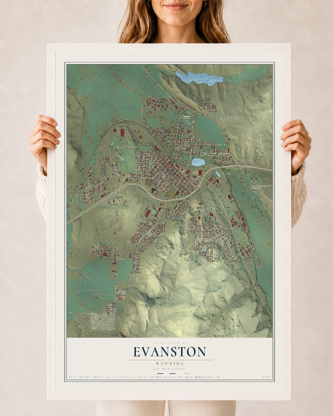 Map of Evanston, Wyoming, 24 x 36 inch print in a white wood frame