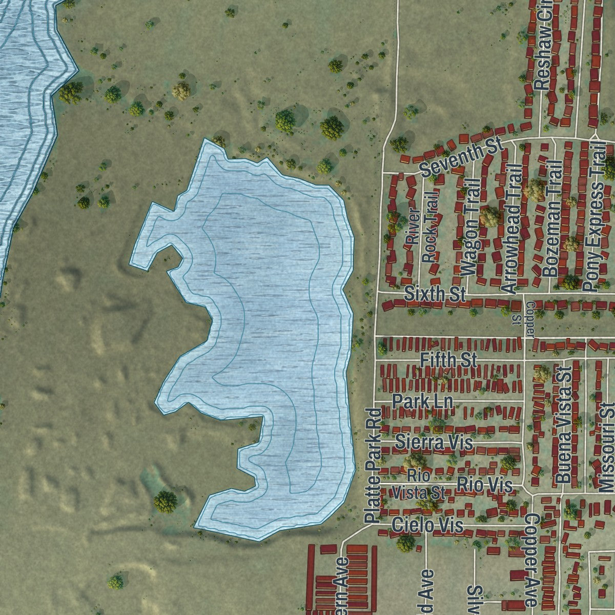 Close-up of the map of Evansville, Wyoming print showing street and building detail