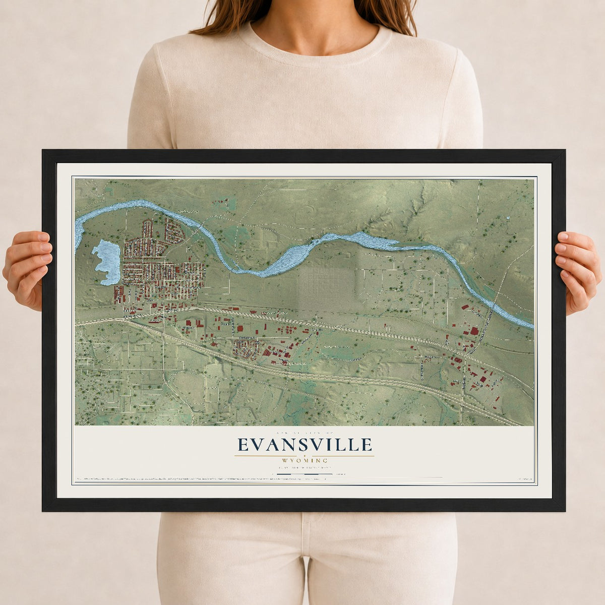 Map of Evansville, Wyoming, 12 x 18 inch print in a black wood frame