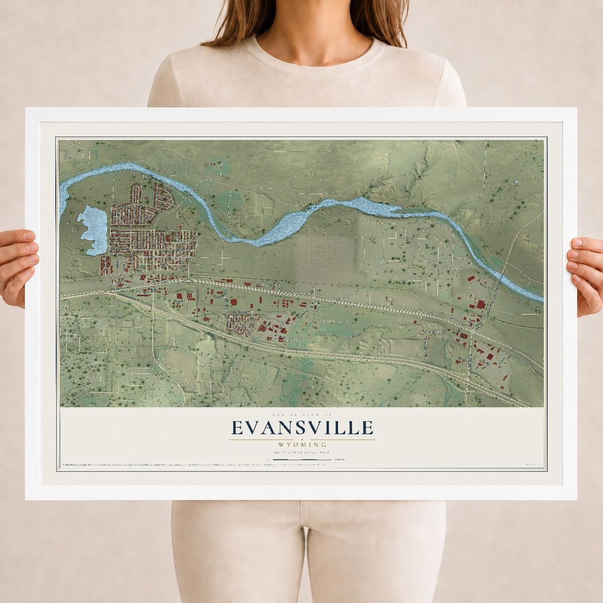 Map of Evansville, Wyoming, 18 x 24 inch print in a white wood frame