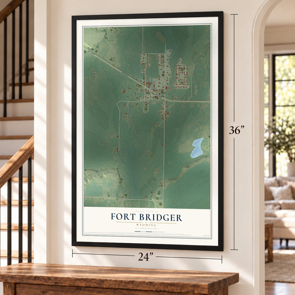 Fort Bridger, Wyoming map, 24 x 36 inch print in a black frame by a staircase